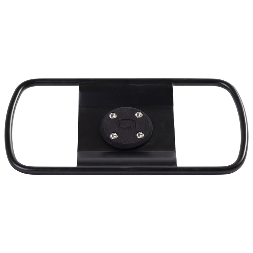 A black Aeroe Spider Pannier Receiver designed for attaching to a bike rack.