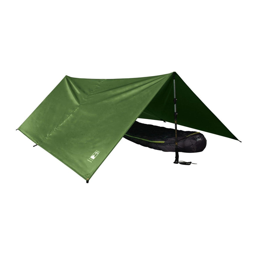 Green camping tarp with a black bag underneath on a white background.