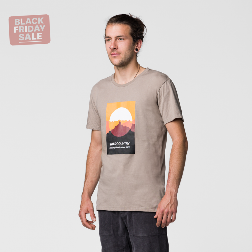 Wild Country Climbing Flow T-Shirt Man Outdoor Action Brindle - Front Angled Fit on Model