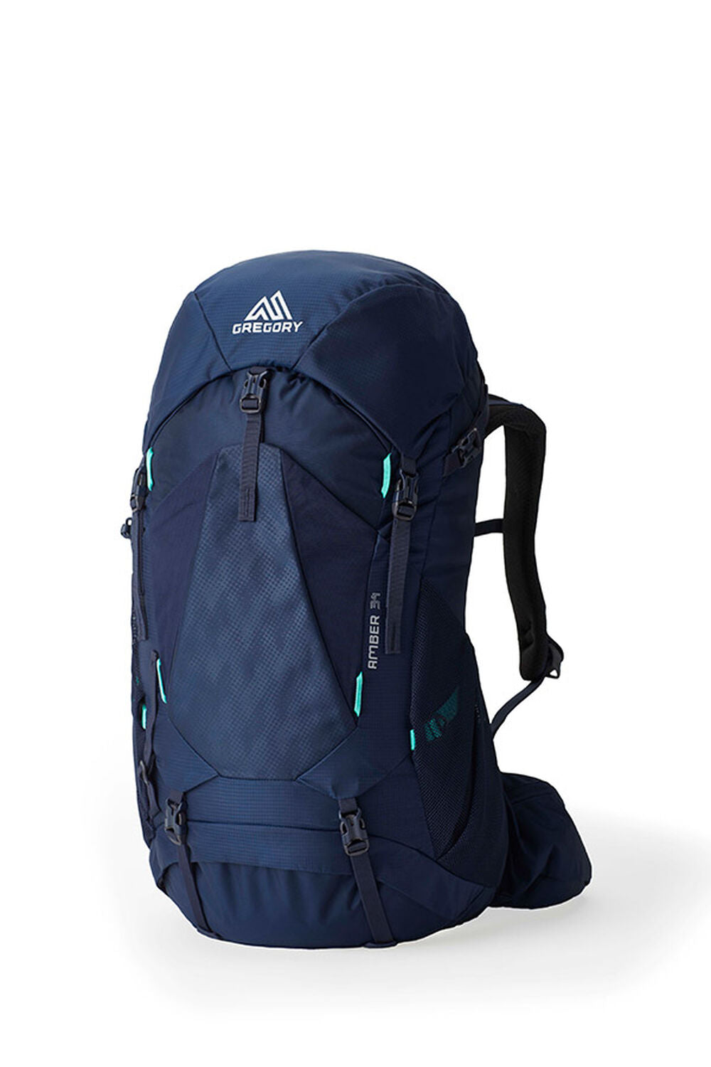 Gregory Amber 34L Women's Backpack in Arctic Navy - Front View with trekking pole attachments