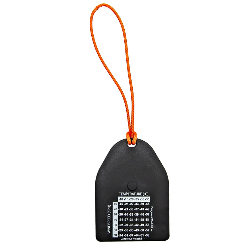 Black temperature tag with orange string on a white background