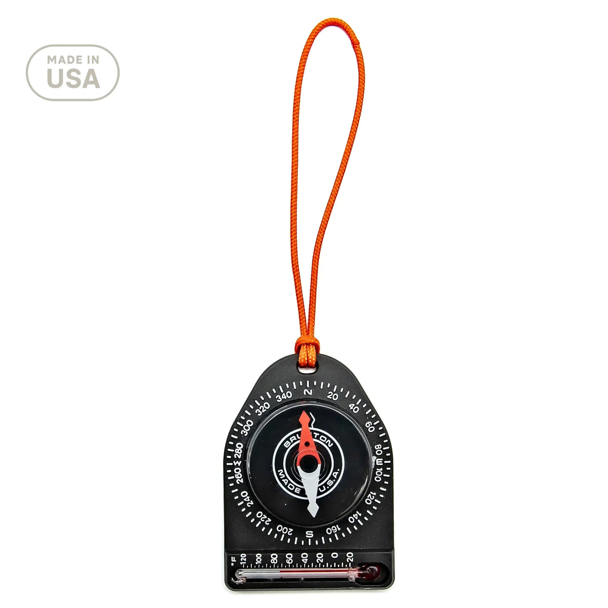 Compass with orange strap on a white background