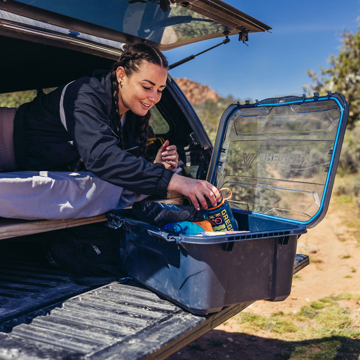 Gregory Alpaca Gear Box 45L in Slate Blue - Lifestyle camp scene