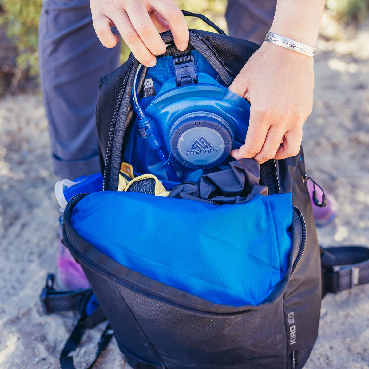 Gregory Kiro 20L Daypack in Alpine Black - hydration sleeve detail, worn