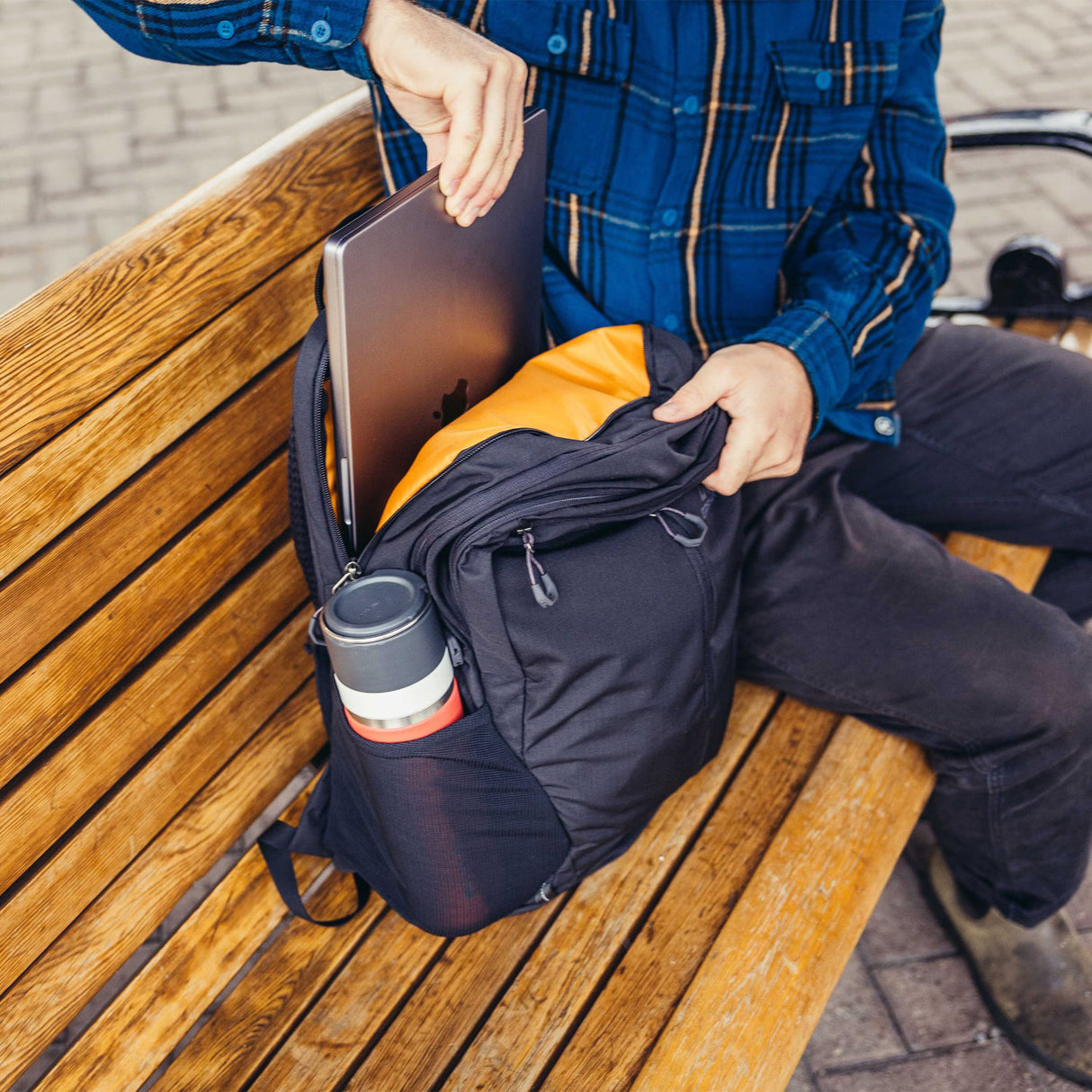 Gregory Rhune 28 Backpack in Carbon Black - Side Bottle Pocket Access