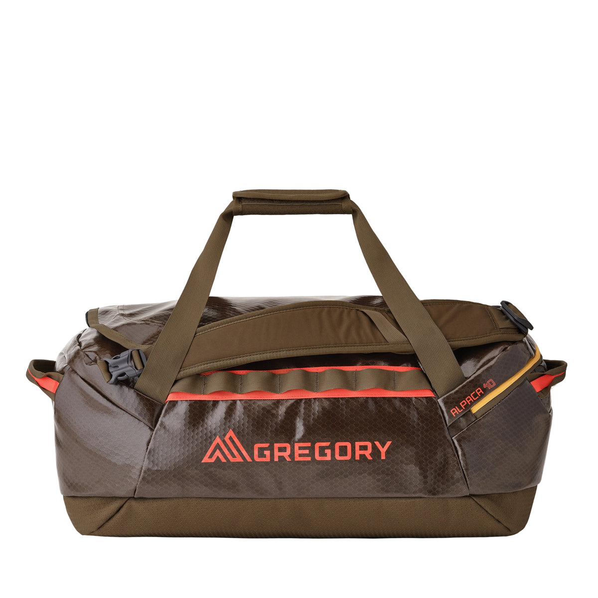 Gregory Alpaca 40L Duffel Bag in Mesa Brown - Straight View with TPU weather-resistant coating
