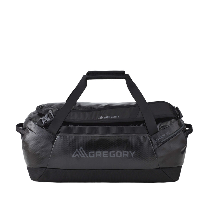 Gregory Alpaca 40L Duffel Bag in Obsidian Black - Straight View with 40% recycled materials