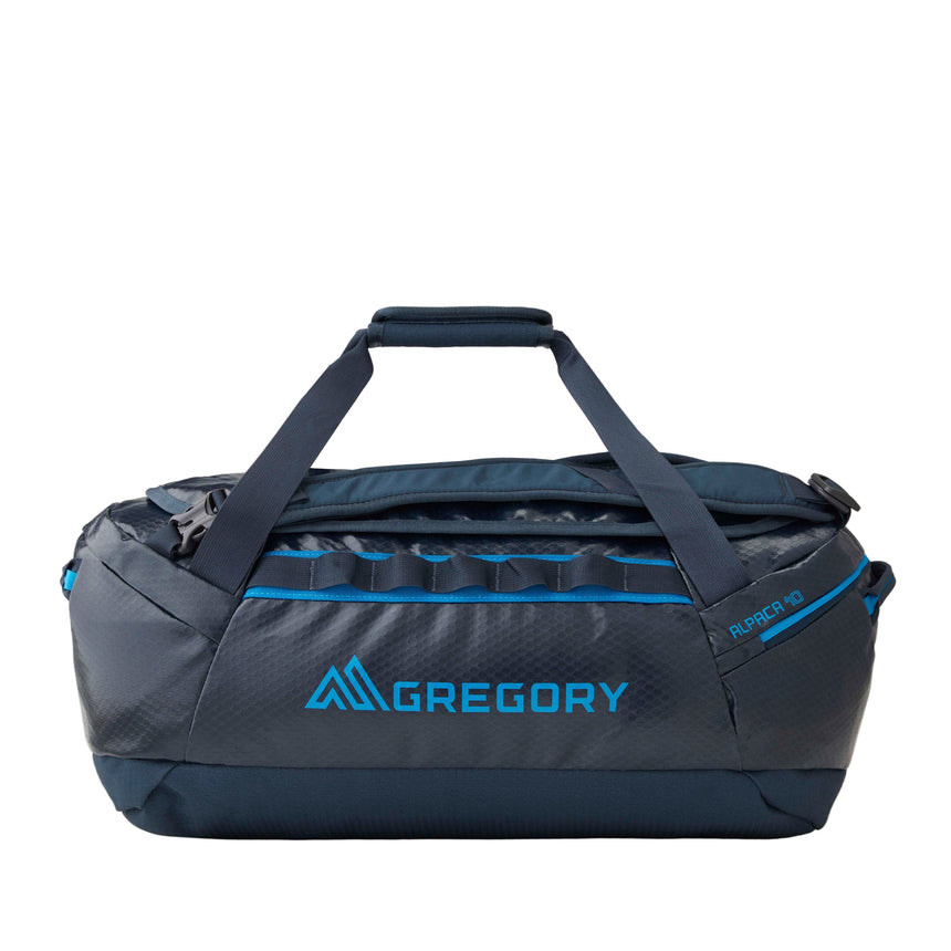 Gregory Alpaca 40L Duffel Bag in Slate Blue - Straight View with 900D recycled polyester