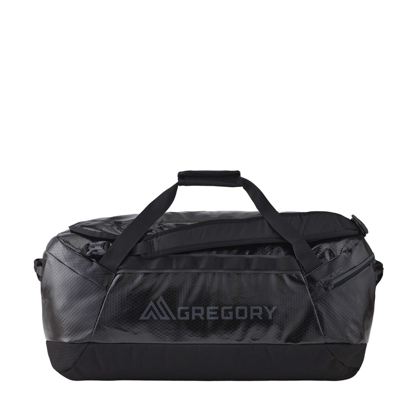 Gregory Alpaca 60L Duffel Bag in Obsidian Black - Straight View with 40% recycled materials