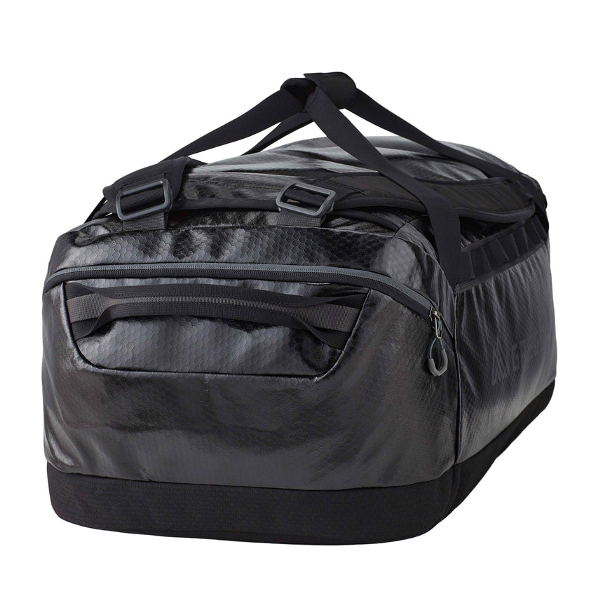 Gregory Alpaca 80L Duffel Bag in Obsidian Black - Side View showing 80L capacity and removable straps
