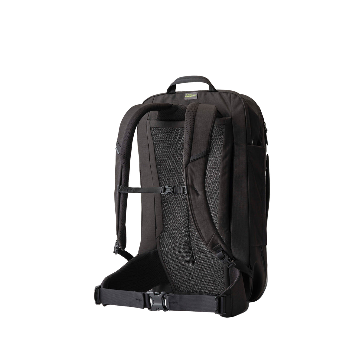 Gregory Border Carry-On 40L in Black Lichen - Back View showing AirCushion mesh (90% air)