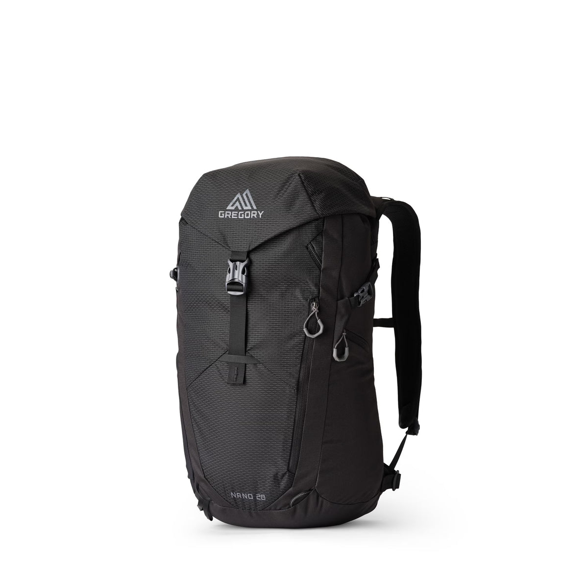 Gregory Nano 28L Daypack in Optic Black - Front View with trekking pole attachments