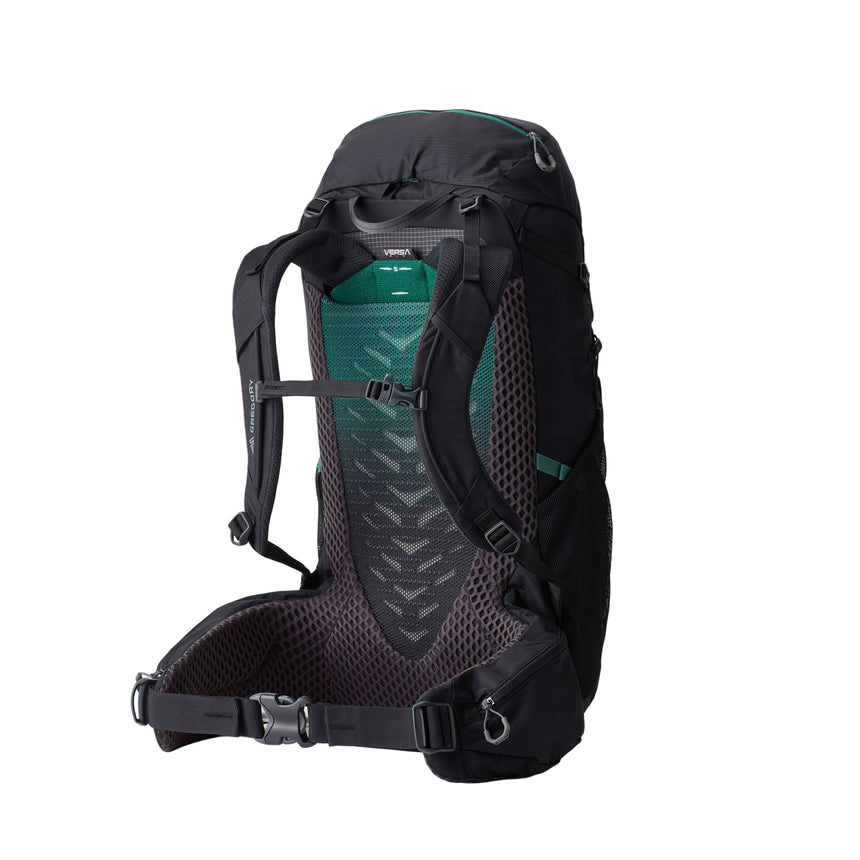 Gregory Stout 35L Men's Backpack in Forest Black - Back View showing wishbone alloy frame and suspension