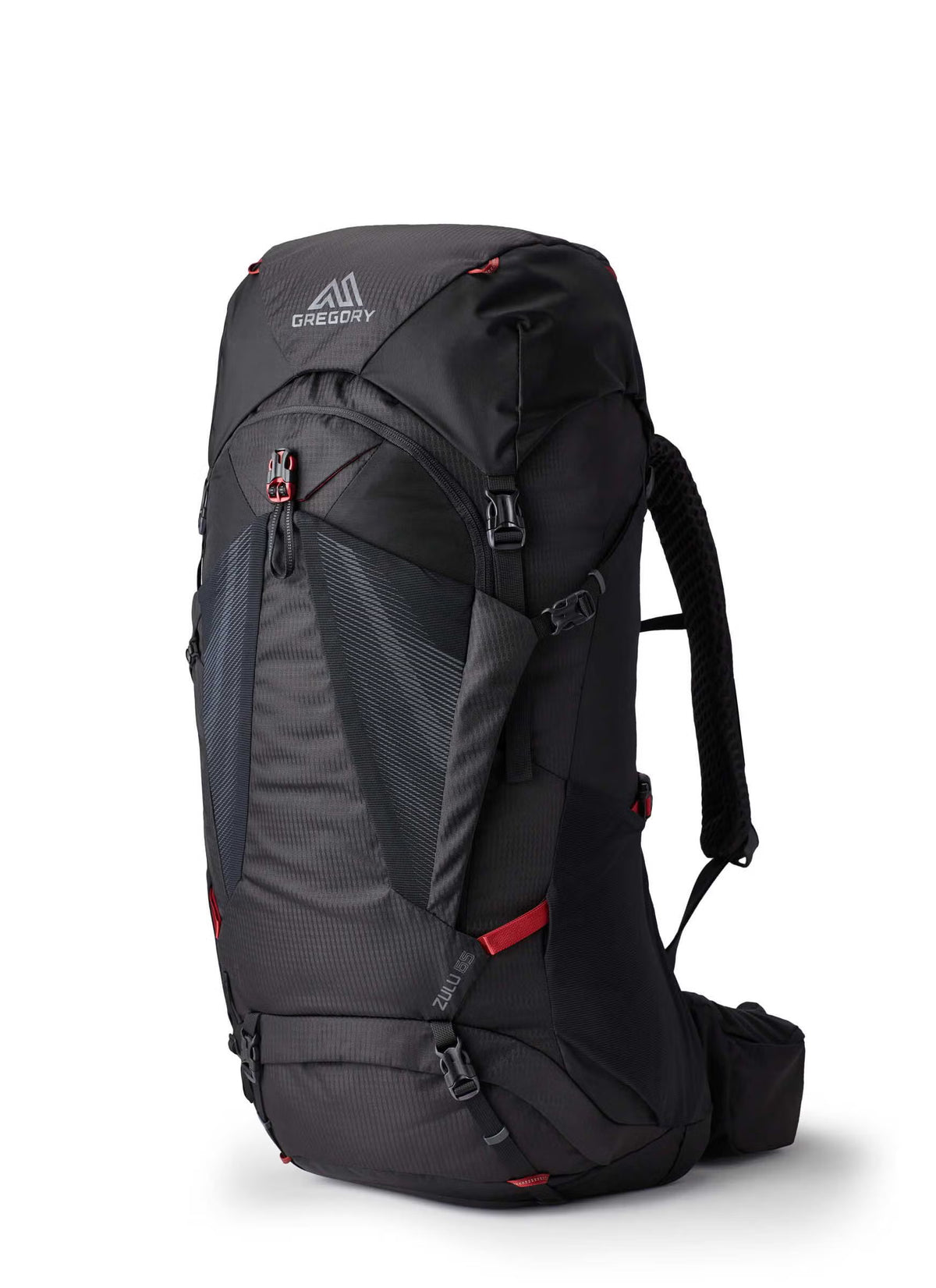 Gregory Zulu 65L Men's Backpack in Volcanic Black - Front Angle View with FreeFloat suspension