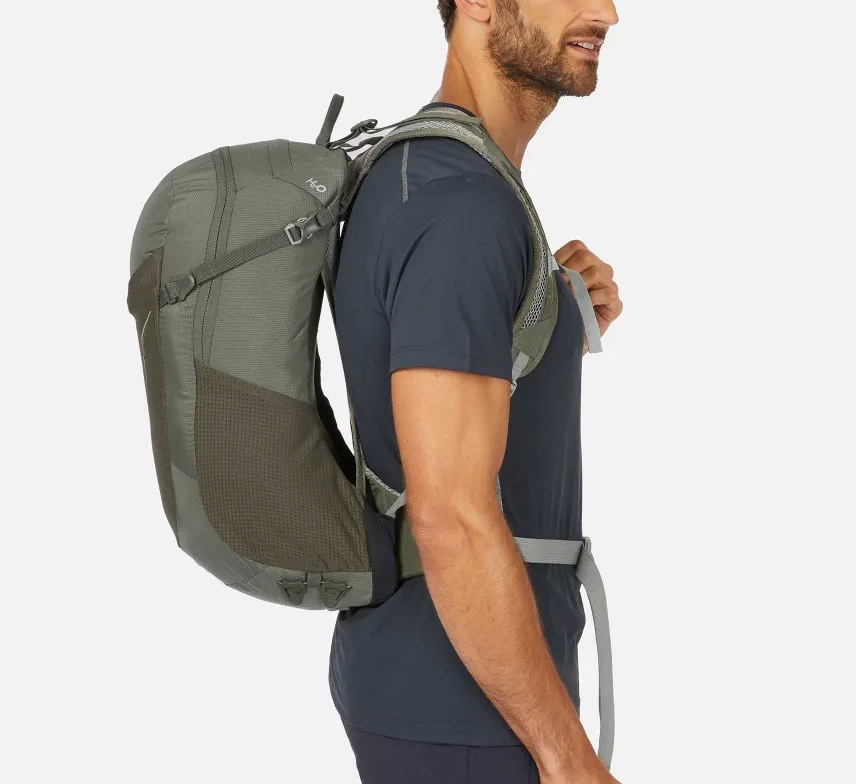 Man wearing a green backpack profile