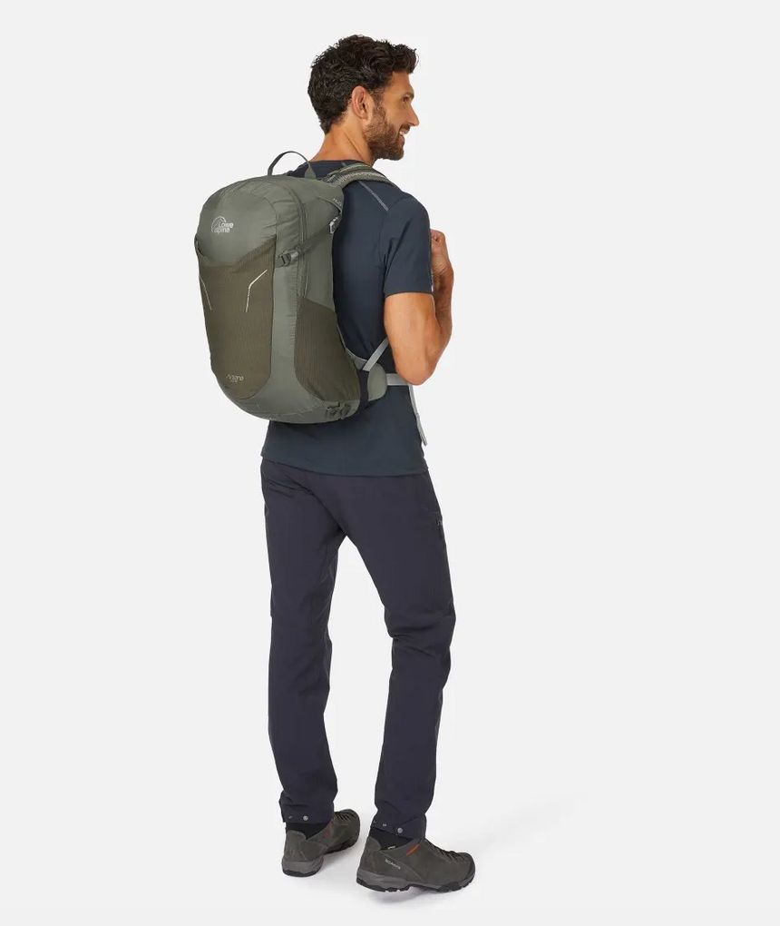 Man wearing backpack from back