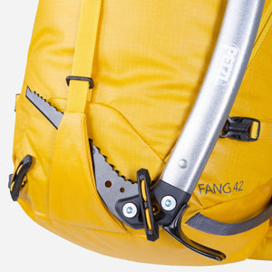 Mountain Equipment Fang 42+ Backpack close up ice axe floating storage image