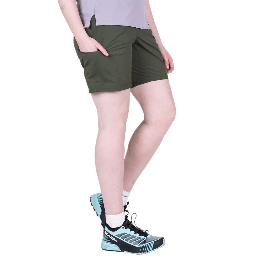 EXOLITE 100 stretch soft shell fabric detail on Mountain Equipment Dynamo Women's Short in Buckthorn