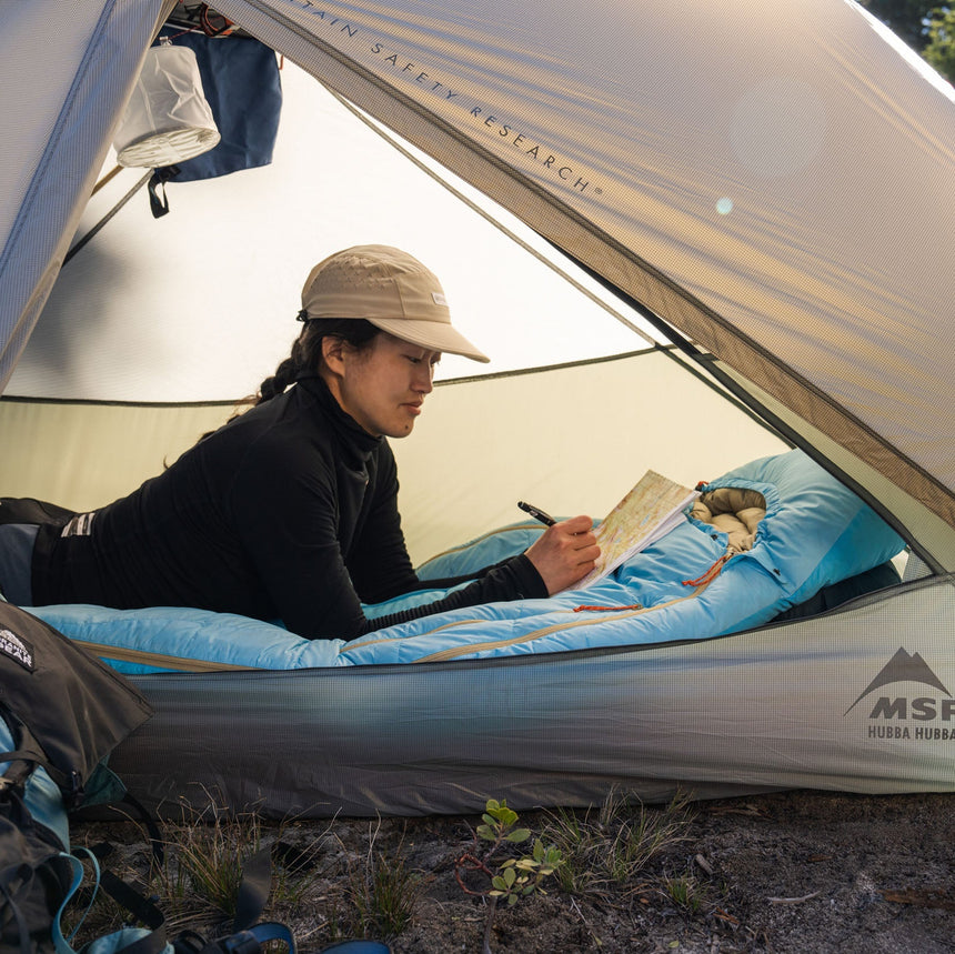 MSR Hubba Hubba™ LT 1-Person Backpacking Tent Outdoor Action- StayDry™ door w/ logo