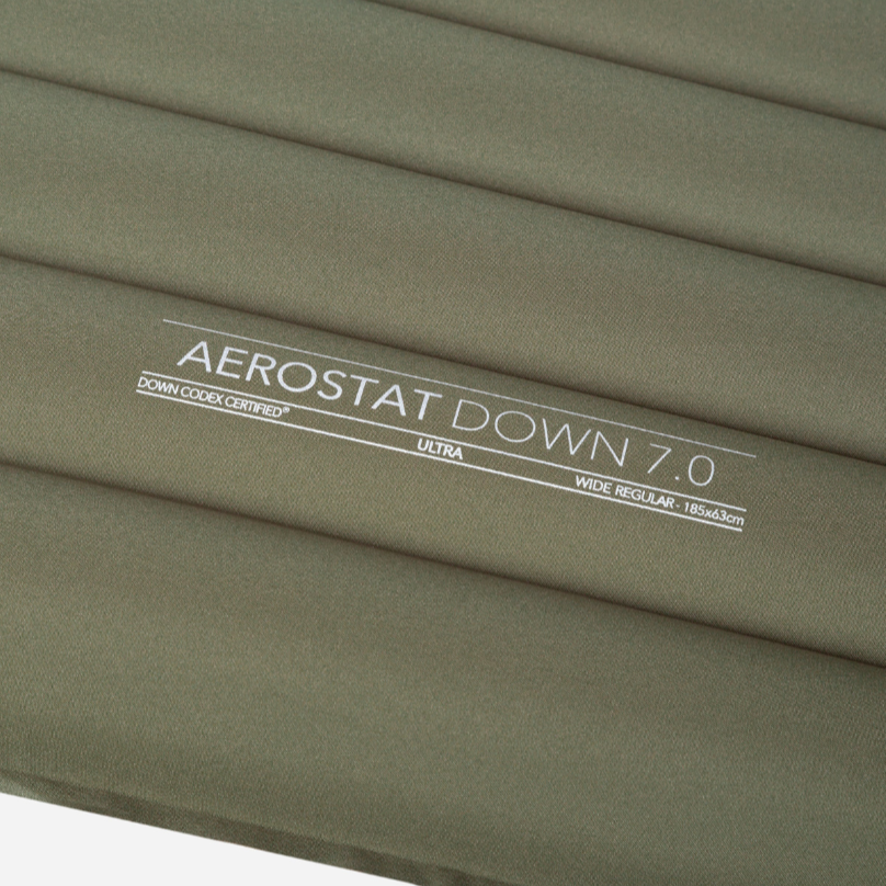 Mountain Equipment Aerostat Down 7.0 Ultra Sleeping Mat Wide Regular in Hunt Green - Logo Detail