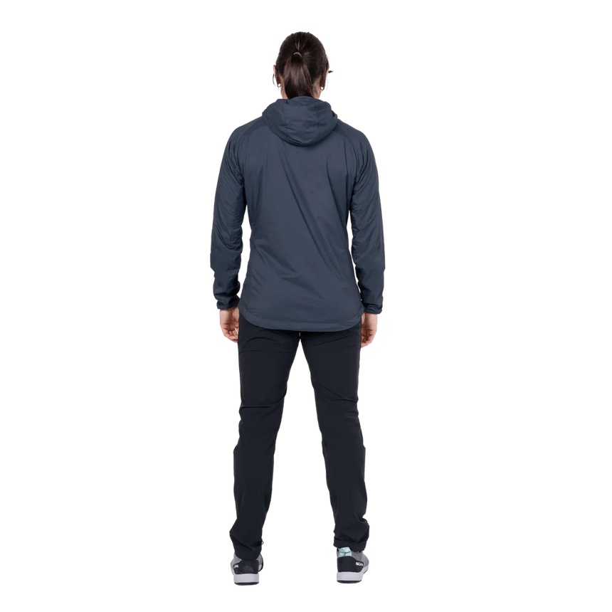 Mountain Equipment Aerotherm Hooded Women's Jacket in Blue Nights - Back model view