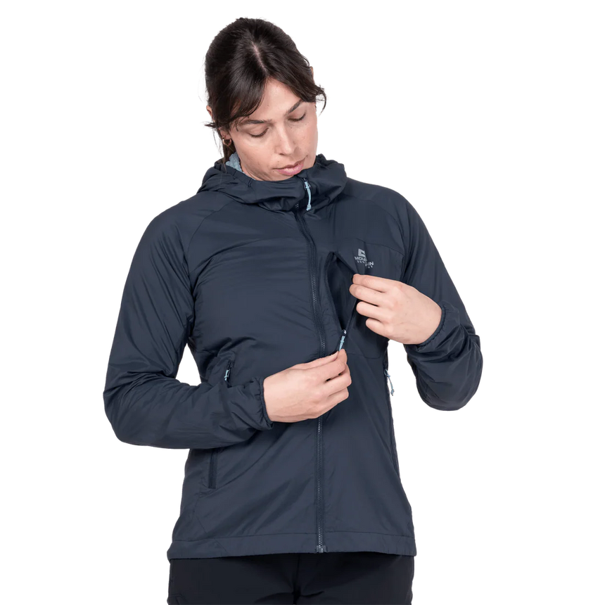 Mountain Equipment Aerotherm Hooded Women's Jacket in Blue Nights - Hood adjustment model view