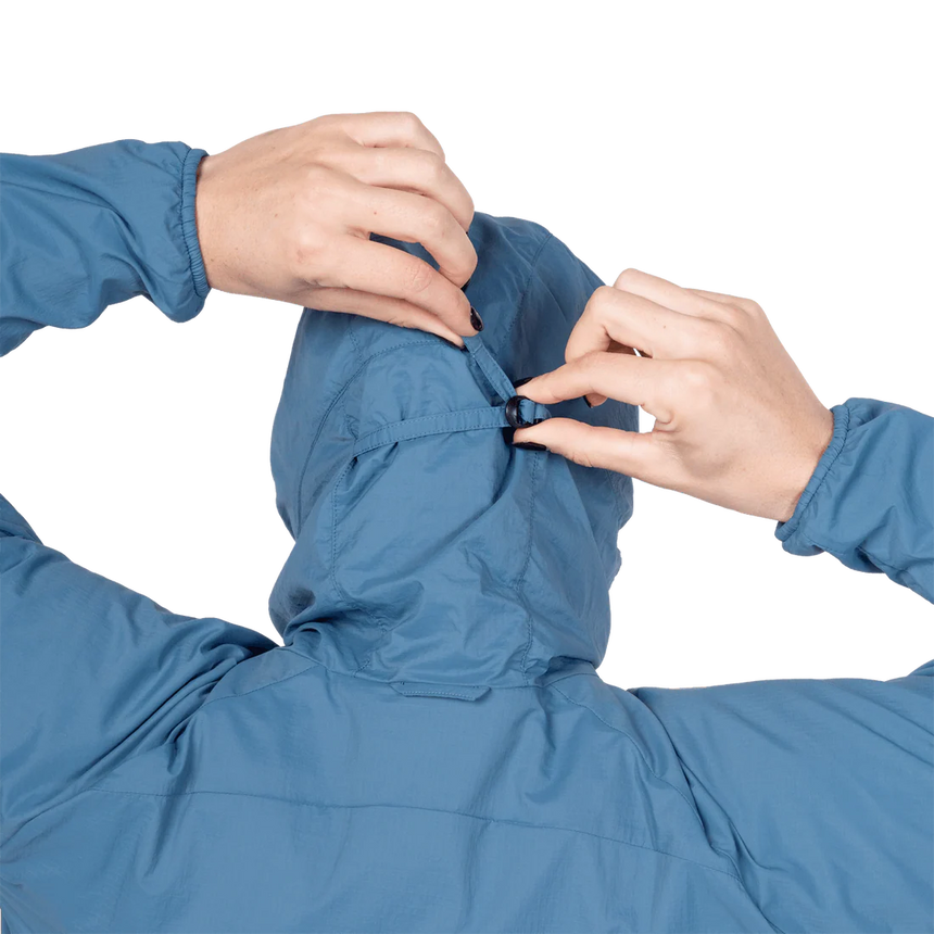 Mountain Equipment Aerotherm Hooded Women's Jacket in Stellar Blue - Hood up model view