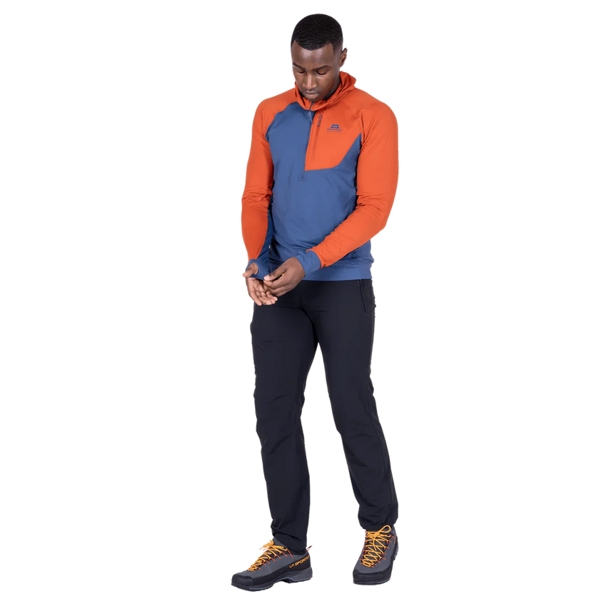 Mountain Equipment Aiguille Hooded Men's Top in Dusk/Red Rock - On Model Three Quarter
