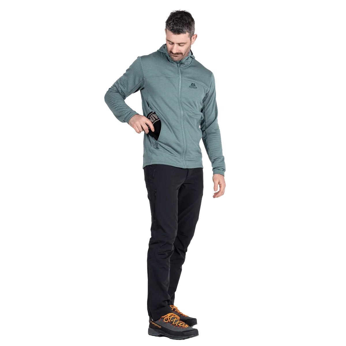 Mountain Equipment Apiro Hooded Men's Jacket in Goblin Blue - Hand at pocket, on model