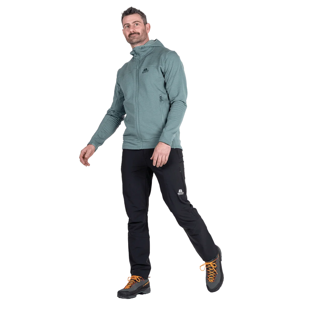 Mountain Equipment Apiro Hooded Men's Jacket in Goblin Blue - Three-quarter, on model