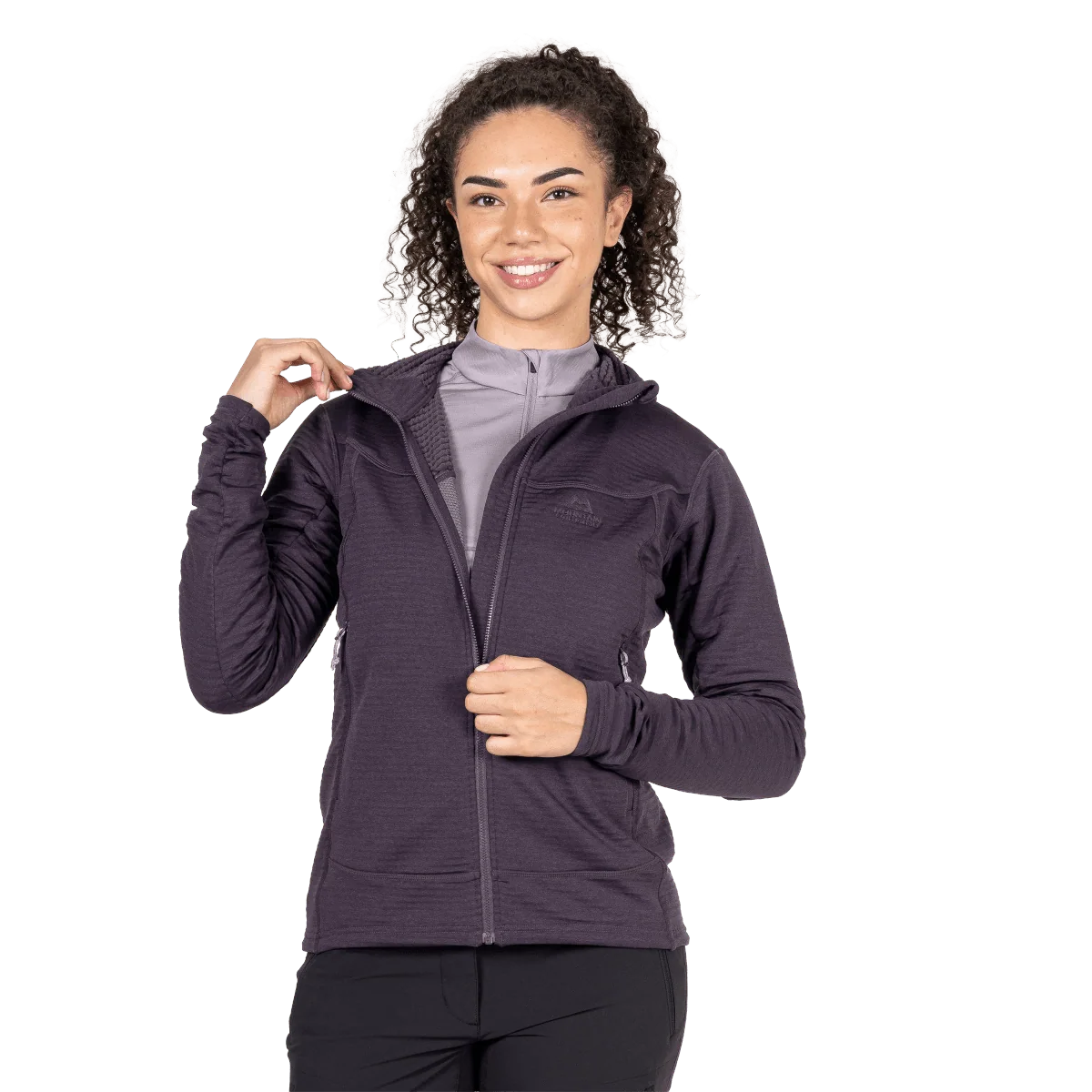 Mountain Equipment Apiro Hooded Women's Jacket in Nightshade - Front, fit on model 2