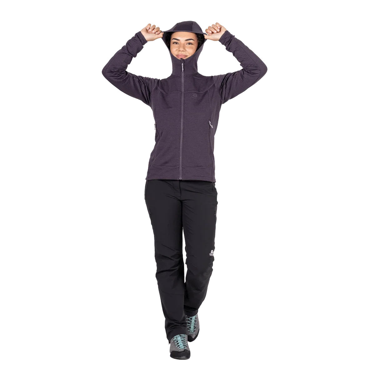 Mountain Equipment Apiro Hooded Women's Jacket in Nightshade - Hood, on model