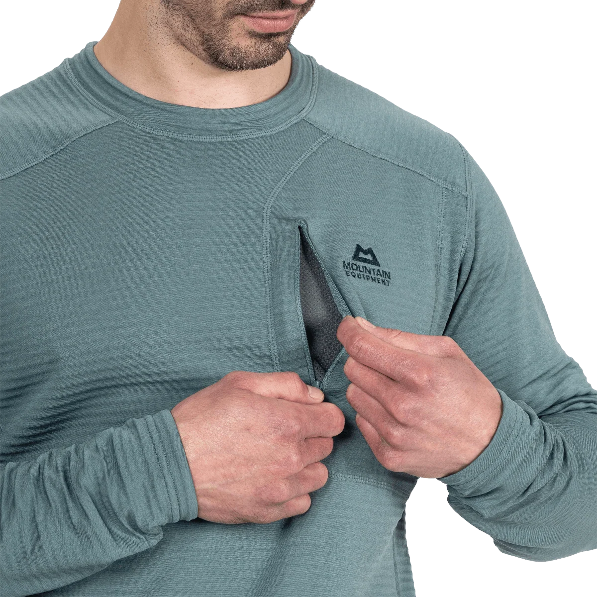 Mountain Equipment Apiro Men's Crew in Goblin Blue - Chest Pocket Detail