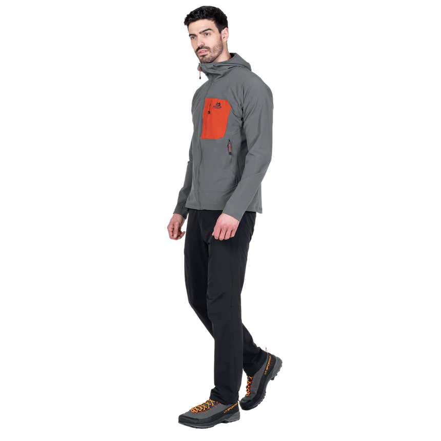 Mountain Equipment Arrow Hooded Men's Jacket in Anvil/Redrock - On Model Front Walk