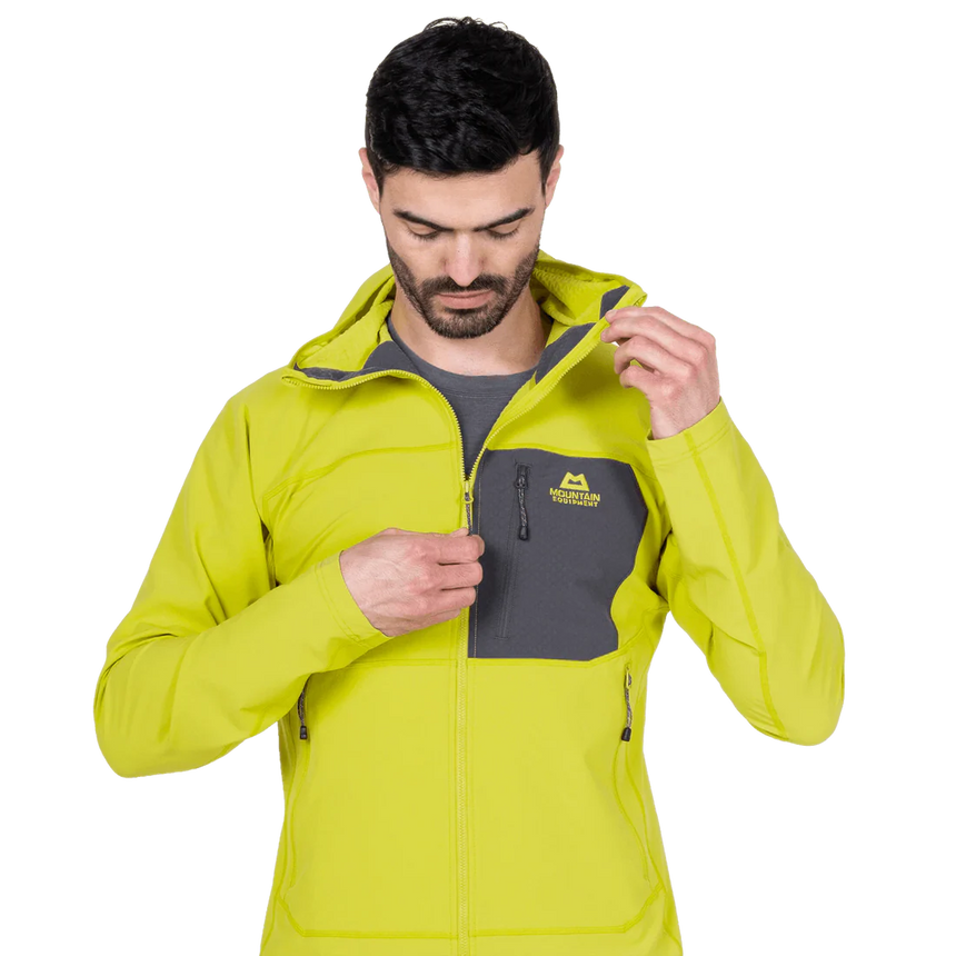 Mountain Equipment Arrow Hooded Men's Jacket in Vine/Anvil Grey - On Model Pocket Detail