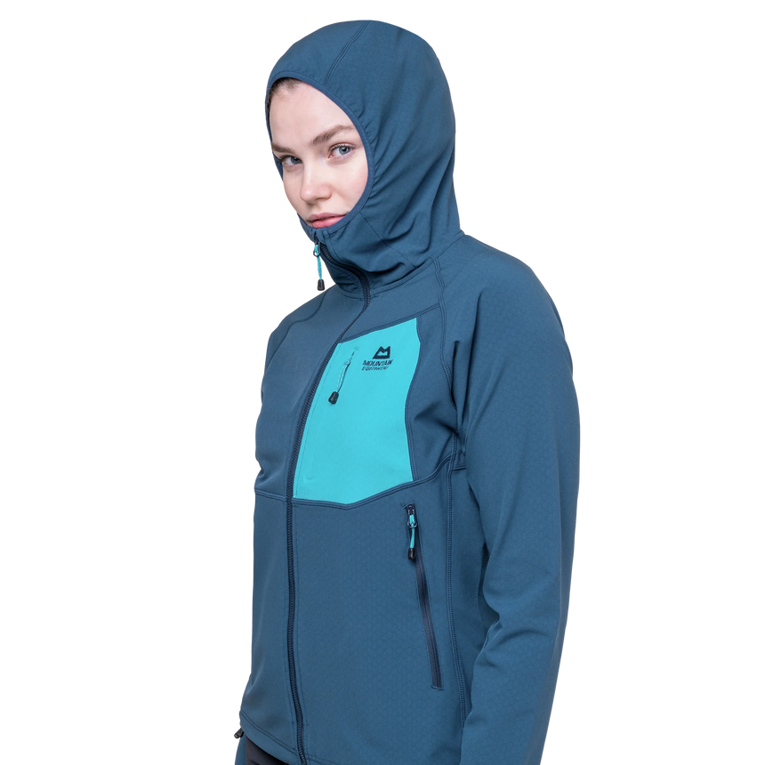 Mountain Equipment Arrow Hooded Women's Jacket in Dusk/Topaz - On Model Hood Front