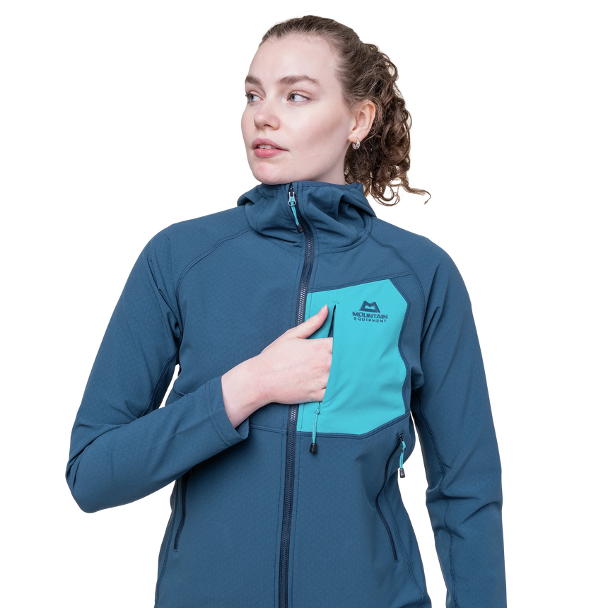 Mountain Equipment Arrow Hooded Women's Jacket in Dusk/Topaz - On Model Pocket Detail