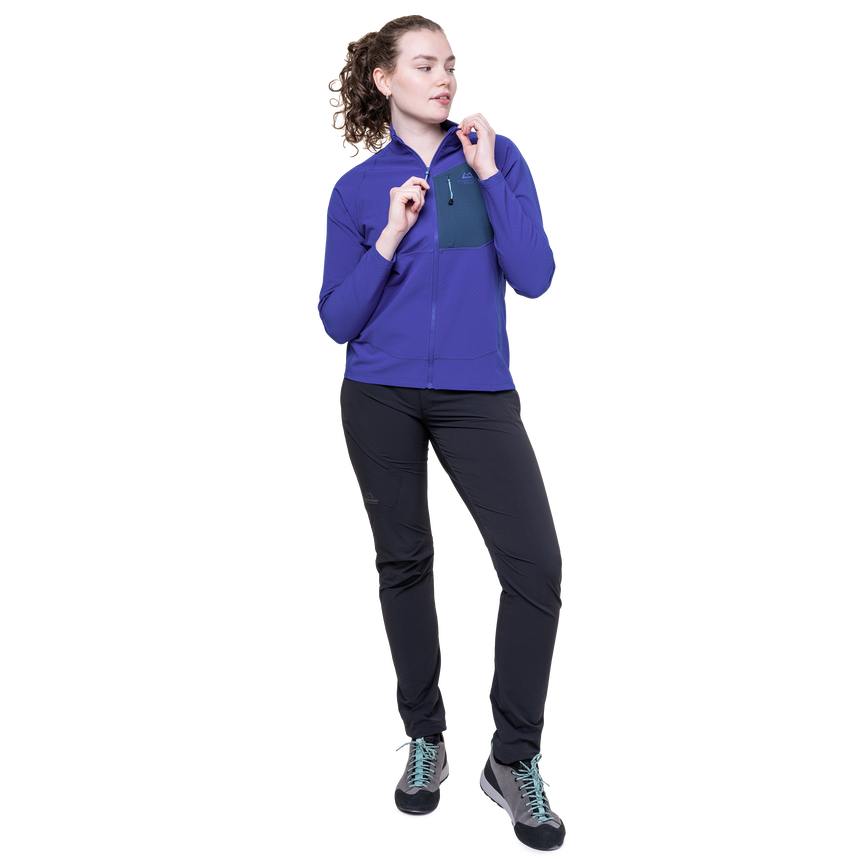 Mountain Equipment Arrow Women's Jacket in Clematis/Dusk - On Model Front Walk