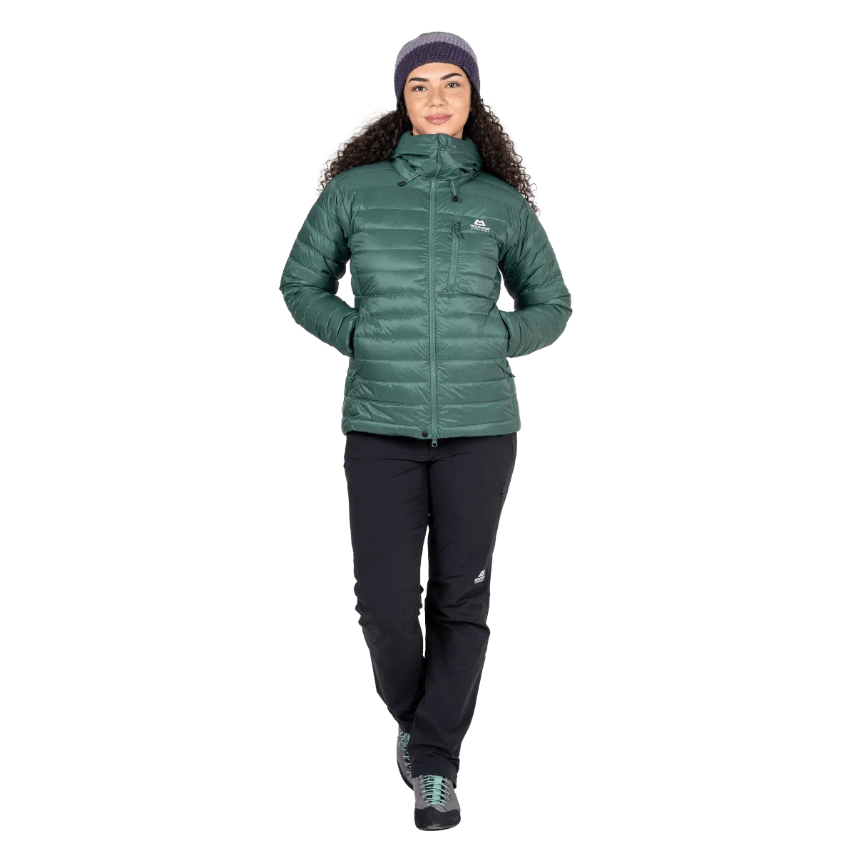 Mountain Equipment Baltoro Women's Jacket in Sea Pine - Front Fit On Model