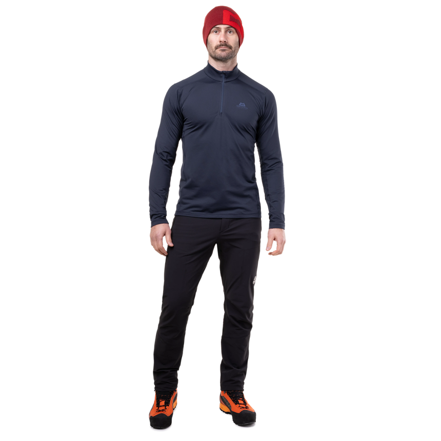 Mountain Equipment Cerrig Men's LS Zip T in Cosmos - Front on Model, Zip Detail