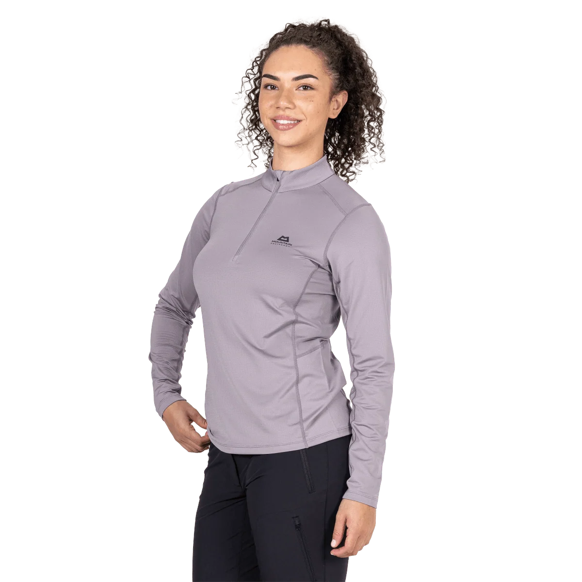 Mountain Equipment Cerrig Women's LS Zip T in Allium - Three-Quarter on Model 2