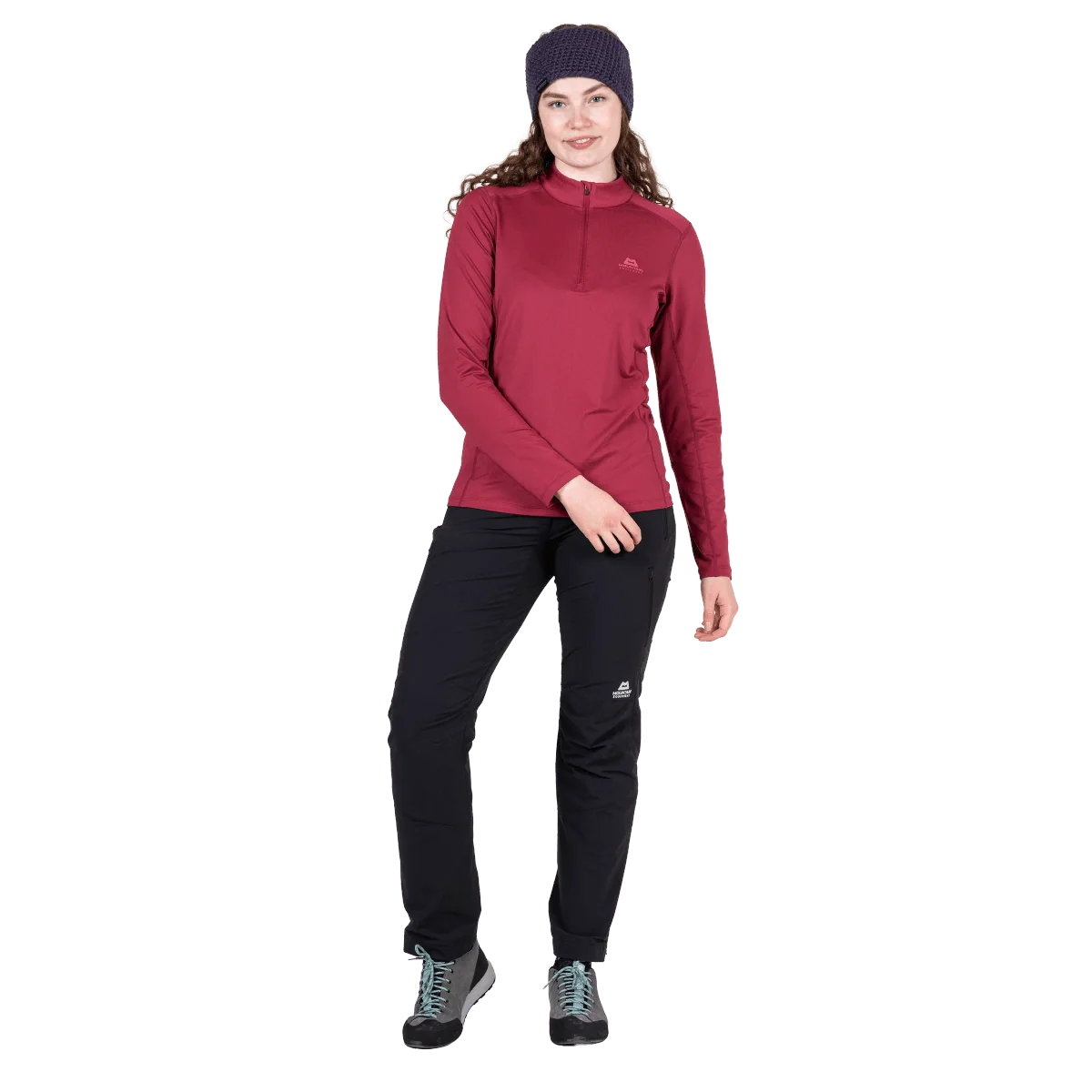 Mountain Equipment Cerrig Women's LS Zip T in Maroon - Front on Model