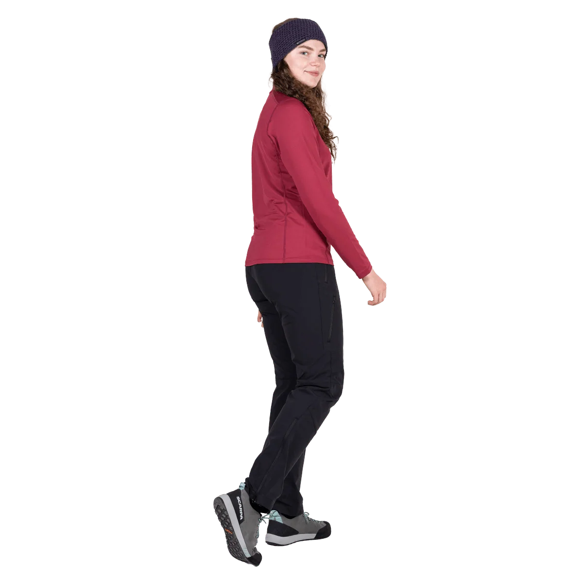Mountain Equipment Cerrig Women's LS Zip T in Maroon - Side on Model