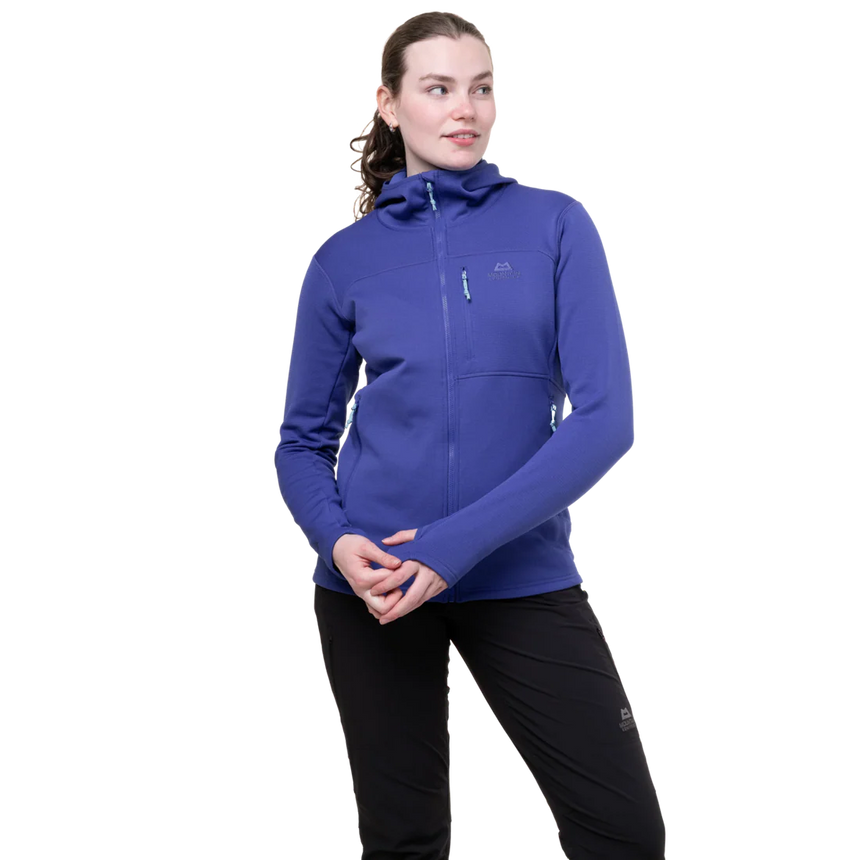 Mountain Equipment Durian Hooded Women's Jacket in Clematis - Front Fit