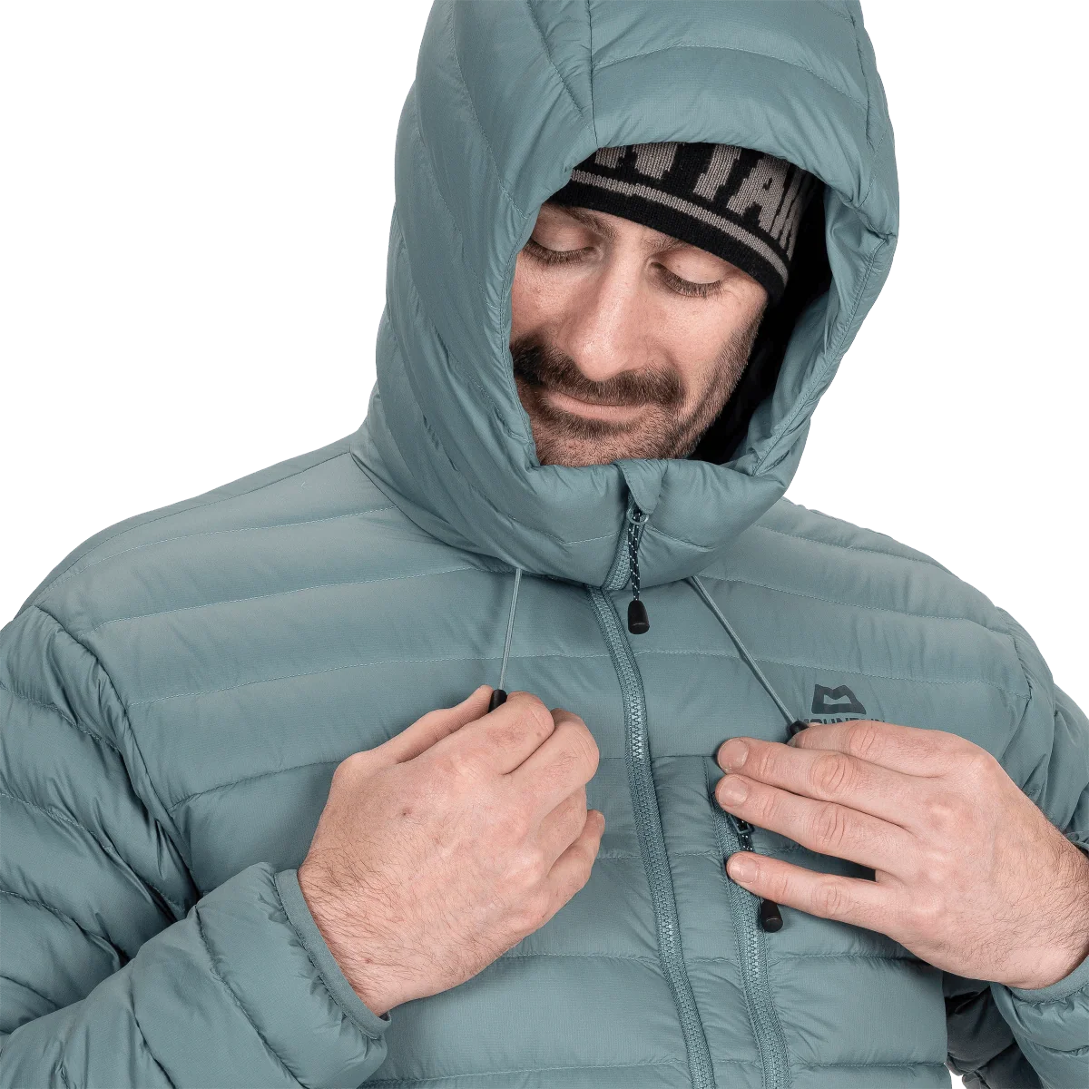 Mountain Equipment Earthrise Hooded Men's Jacket in Goblin Blue - Hood Close Up Model