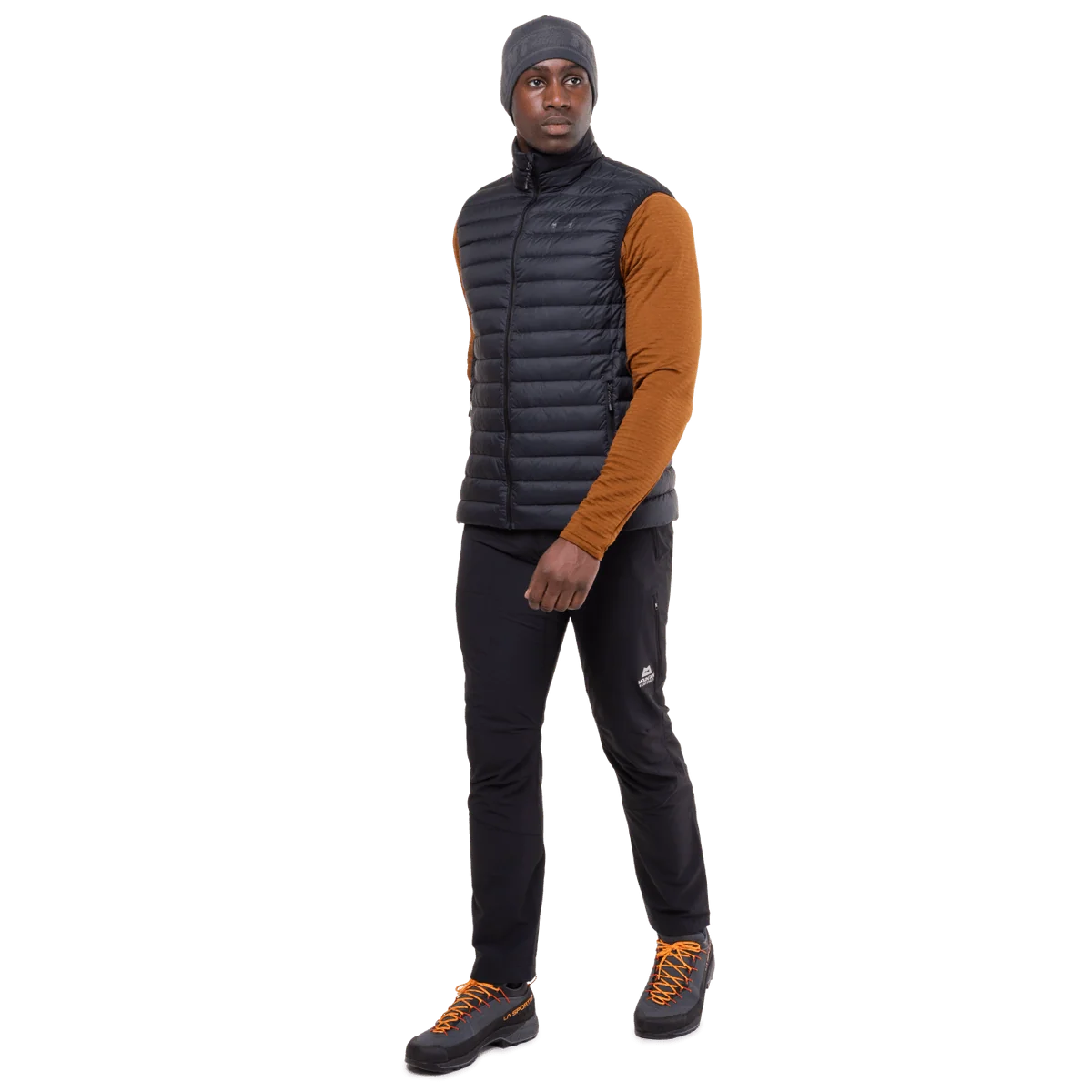 Mountain Equipment Earthrise Men's Vest in Black/Black - front, worn