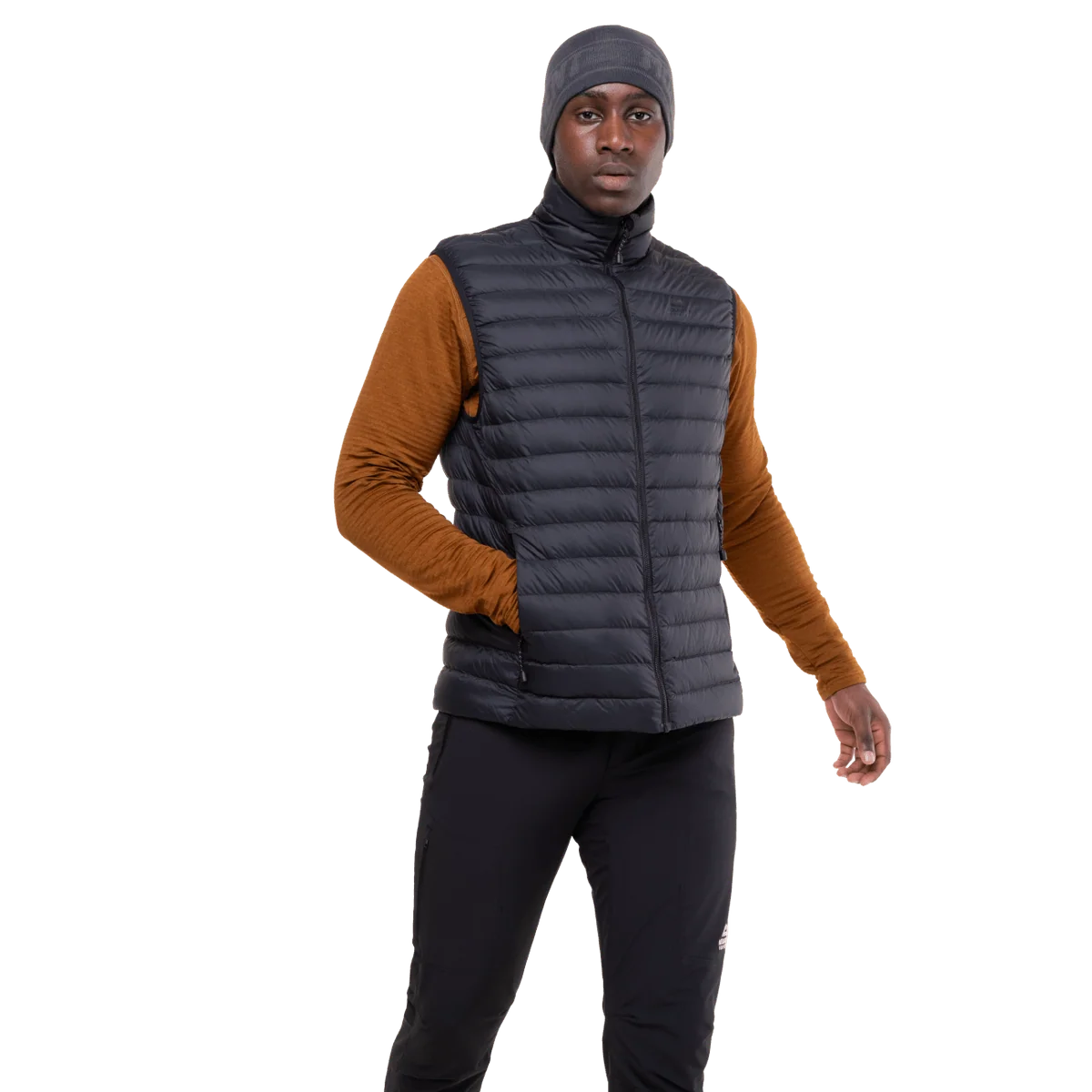 Mountain Equipment Earthrise Men's Vest in Black/Black - front, worn