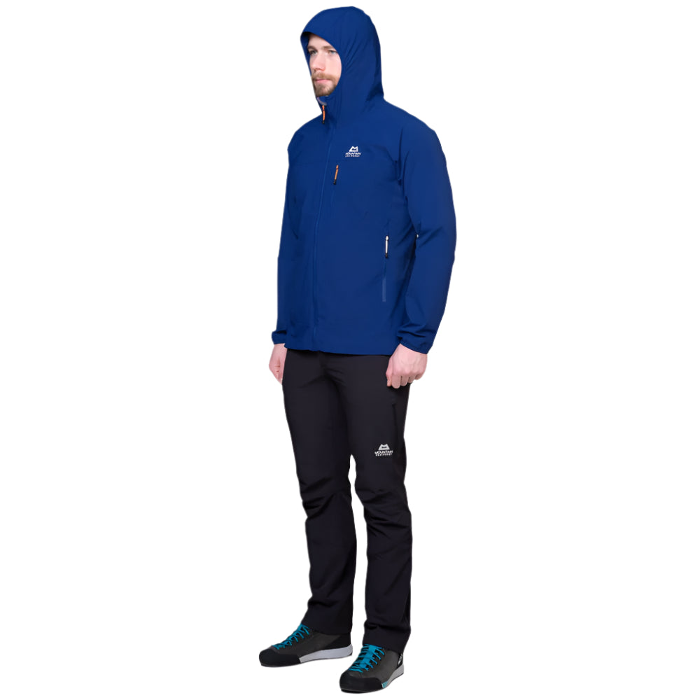 Mountain Equipment Echo Hooded Men's Jacket in Admiral Blue - On Model Hood Up Side
