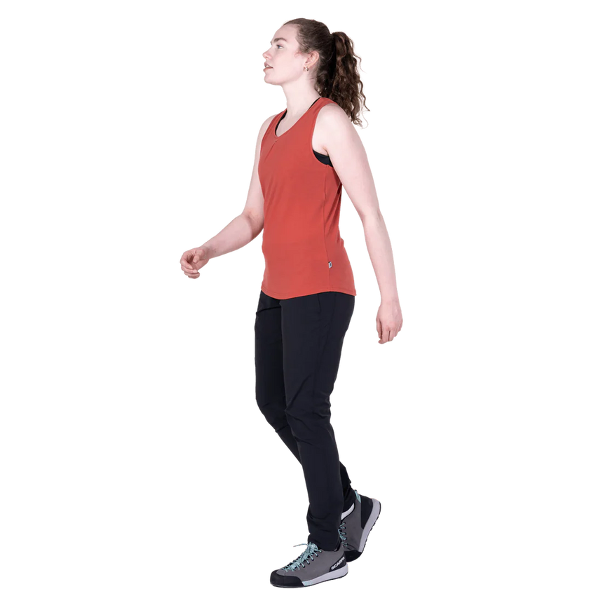 Mountain Equipment Equinox Women's Vest in Rosewood - On Model Walking Side