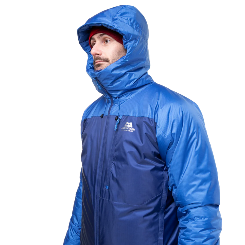 Mountain Equipment Fitzroy Men's Jacket in Admiral/Atlantic - On Model Hood Up Side